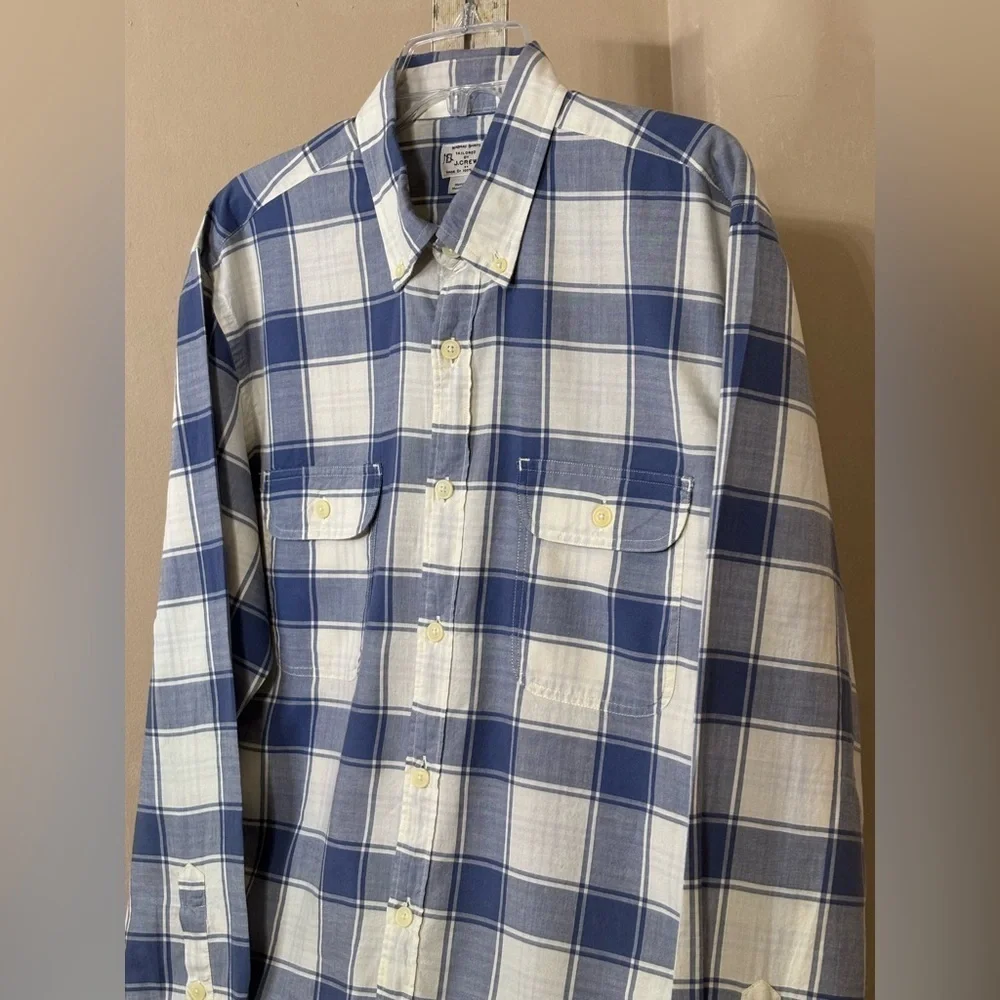 J. Crew Navy and Cream Plaid Madras Men's Shirt Sz L